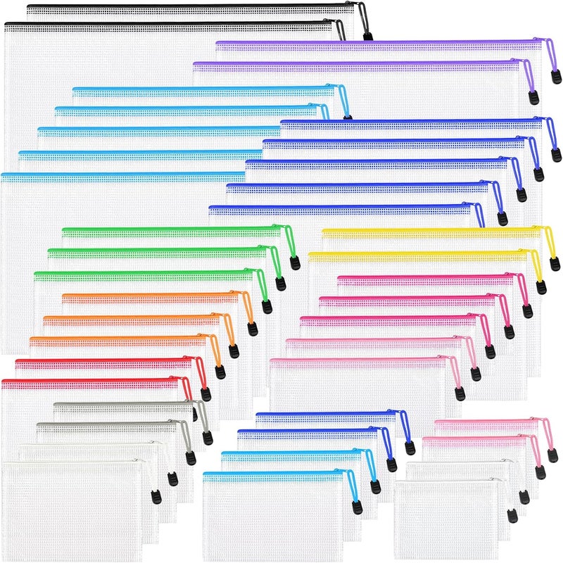 PAPEJOON 42pcs Mesh Zipper Pouch Bags, 8 Sizes Plastic zippered Storage Bags for Organizing, Clear Pouches with Zipper, Waterproof Mesh Pouch for Office School Supplies, Home Organize, Travel Storage - Image 1
